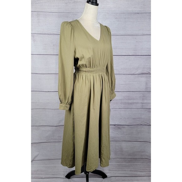 Treasure & Bond V-Neck Long Sleeve Smocked Midi Dress Olive Green Size X-Small - Picture 7 of 11